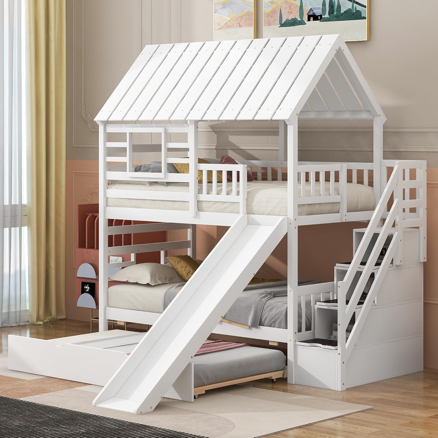 Kids Twin over Twin Bunk Beds with Slide and Trundle, Solid Wood Bunk Bed Frame with Stairs and Storage, Playhouse Bunk Bed with Roof and Window for Kids, Teens, Girls & Boys (White)-2