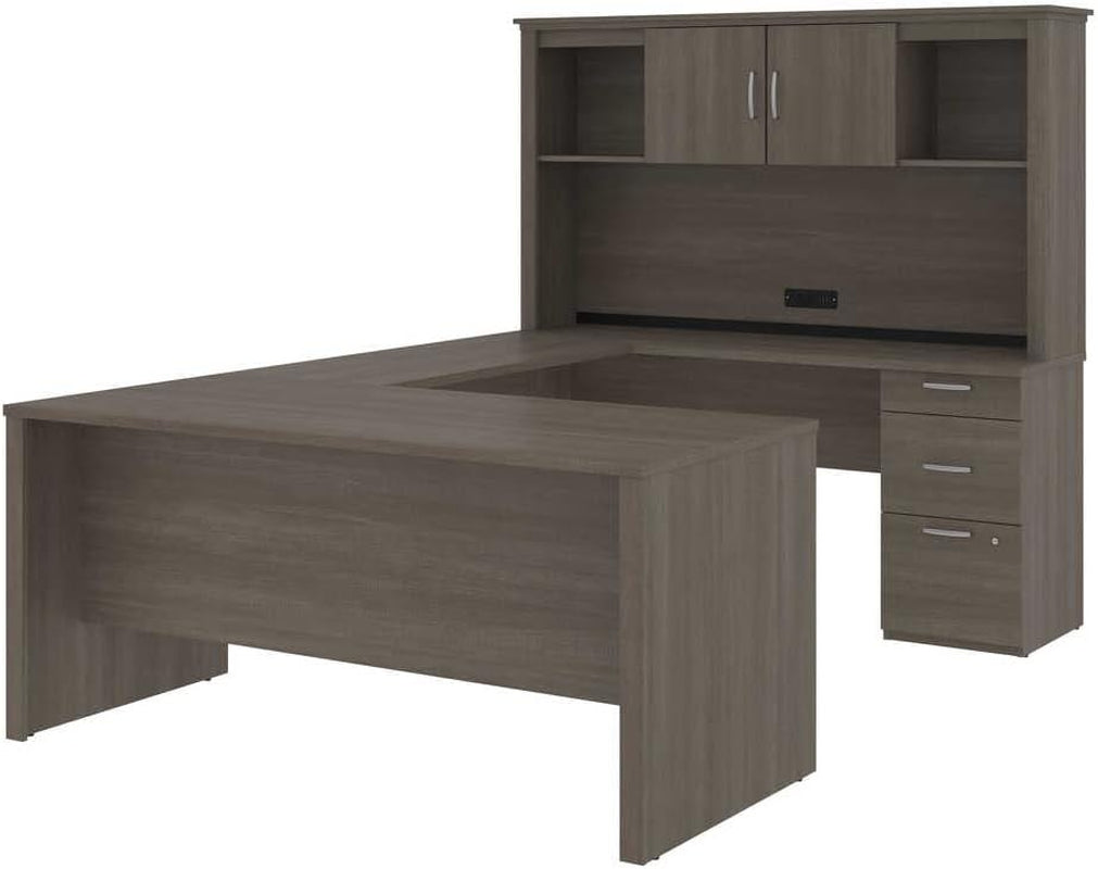 Logan 66W U or L-Shaped Executive Office Desk with Pedestal and Hutch in Bark Grey, Table Workstation for Personal Home Workspace-0
