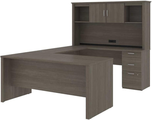 Logan 66W U or L-Shaped Executive Office Desk with Pedestal and Hutch in Bark Grey, Table Workstation for Personal Home Workspace-0