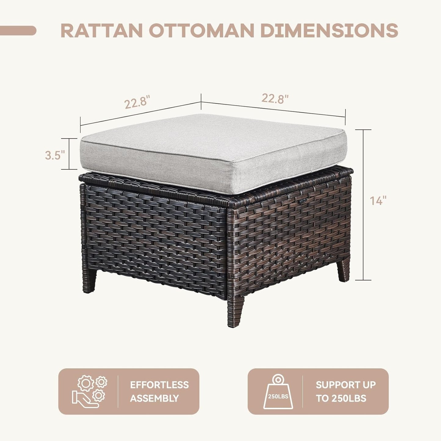 Patio Furniture Set 3PCS Conversation Set Wicker Sofa with 2 Rattan Ottomans Brown Wicker Beige Cushions Chrysanthemum Armest Rattan Couch Set for Garden Balcony Backyard Sunroom-4