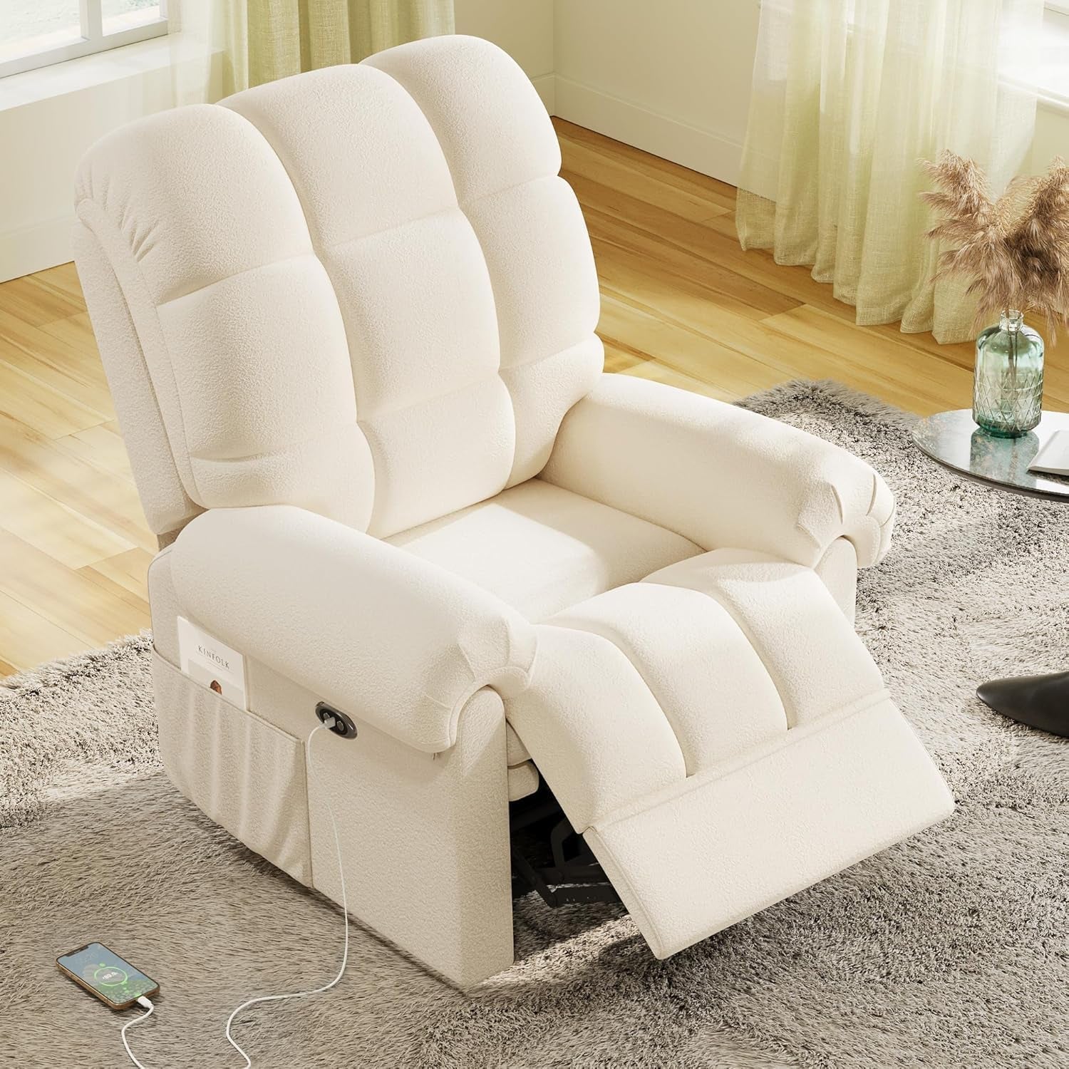 2024 New Power Recliner Chair for Adults, Adjustable Electric Recliner Power Recliner, USB Port, Ultra-Comfy Teddy Fleece Recliner for Living Room, Tool-Less Assembly Single Sofa, Beige White-0