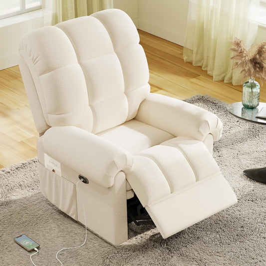 2024 New Power Recliner Chair for Adults, Adjustable Electric Recliner Power Recliner, USB Port, Ultra-Comfy Teddy Fleece Recliner for Living Room, Tool-Less Assembly Single Sofa, Beige White-0