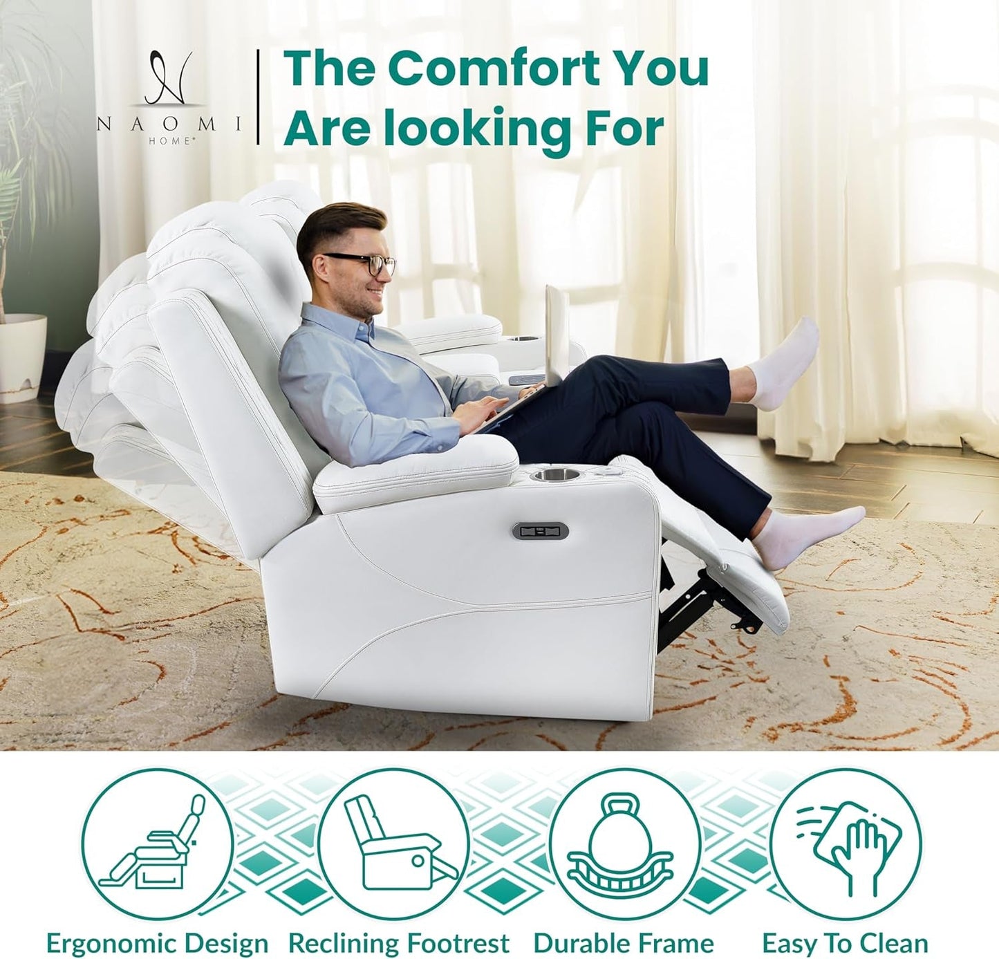 Chicago Power Loveseat Recliner Sofa with Massage & Home Theater Seating with Wireless Charging Electric Recliner RV Sofa with Usb/Cup Holders/Storage/Led Light/Speaker, White/Air Leather-2