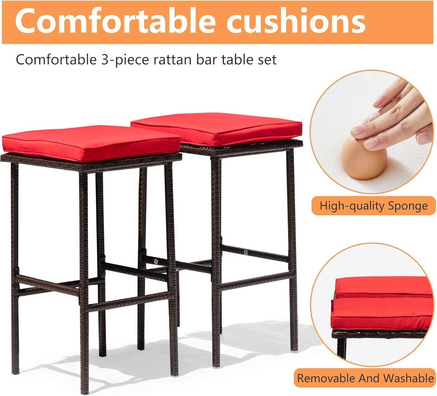 Rattan Bar Set 3Pcs Patio Wicker Bistro Set Sturdy Frame Bar Height Table with Glass Table Top Storage Shelves 2 Bar Stools for Patio Poolside Porch Outdoor Indoor, Khaki (Red)-1