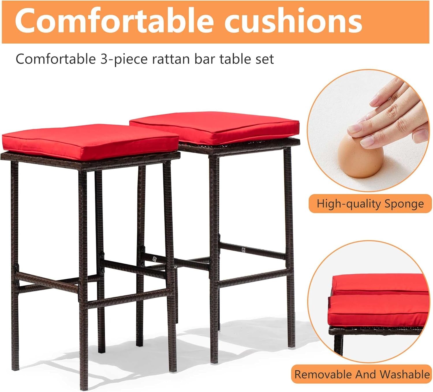 Rattan Bar Set 3Pcs Patio Wicker Bistro Set Sturdy Frame Bar Height Table with Glass Table Top Storage Shelves 2 Bar Stools for Patio Poolside Porch Outdoor Indoor, Khaki (Red)-1