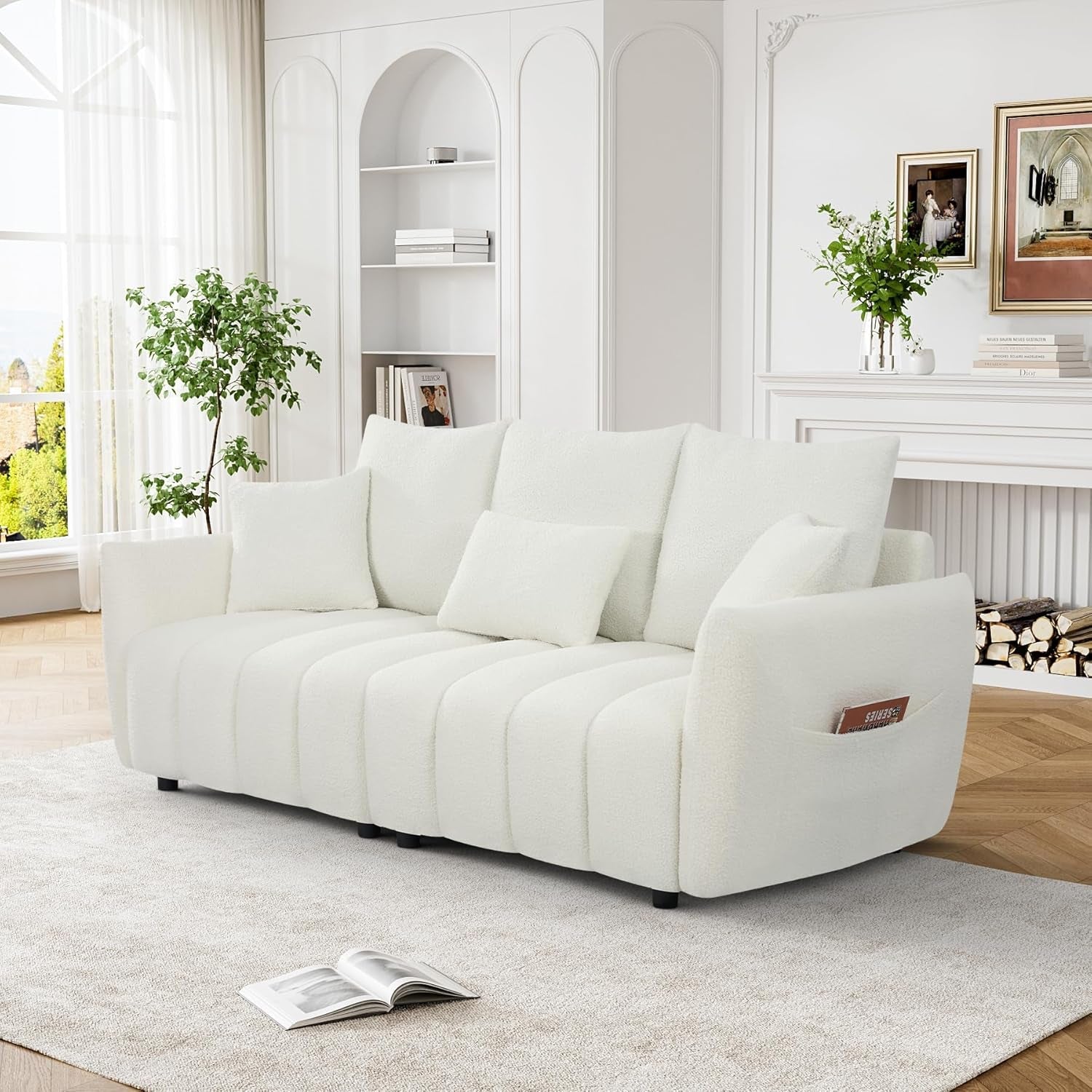 Boucle Sofa Cloud Couch, 80.2" Modern Comfy Teddy Sofa Deep Seat Futon Couch with Pillows, Soft Upholstered 3 Seater Sofa Oversized Loveseat Sofas for Living Room, Apartment, Beige-4