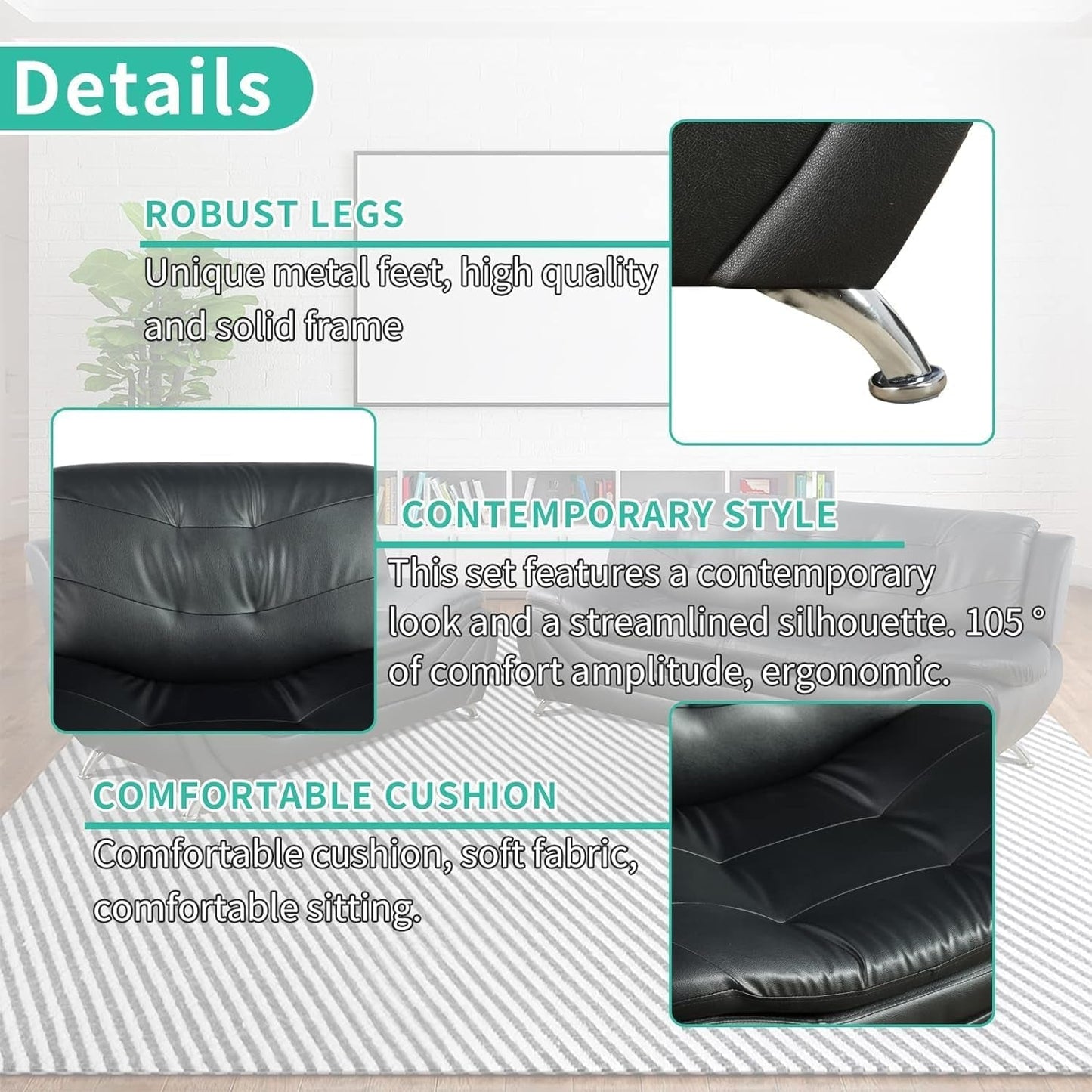 Contemporary Living Room Furniture Set, Faux Leather Sofa Set for Living Room/House/Bedroom/Office/Apartment (Black-A, Loveseat), F45&F46-2