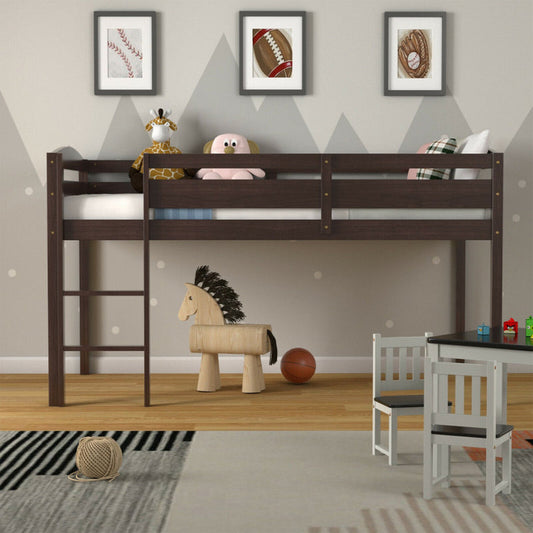 Wooden Twin Low Loft Bunk Bed with Guard Rail and Ladder-0