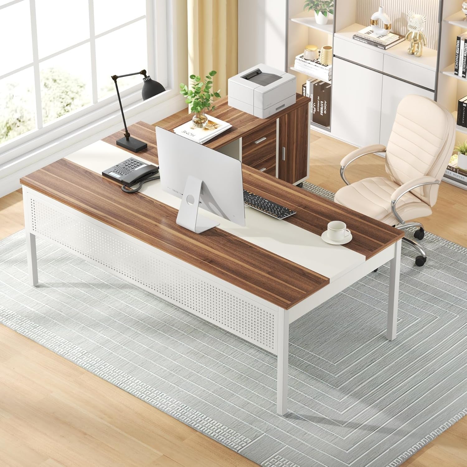70.8" Large Executive Office Desk and 47" Lateral File Cabinet Combo, L-Shaped Computer Desk 2 Piece Business Furniture with Drawers and Shelves, Home Office Workstation, Walnut & White-2