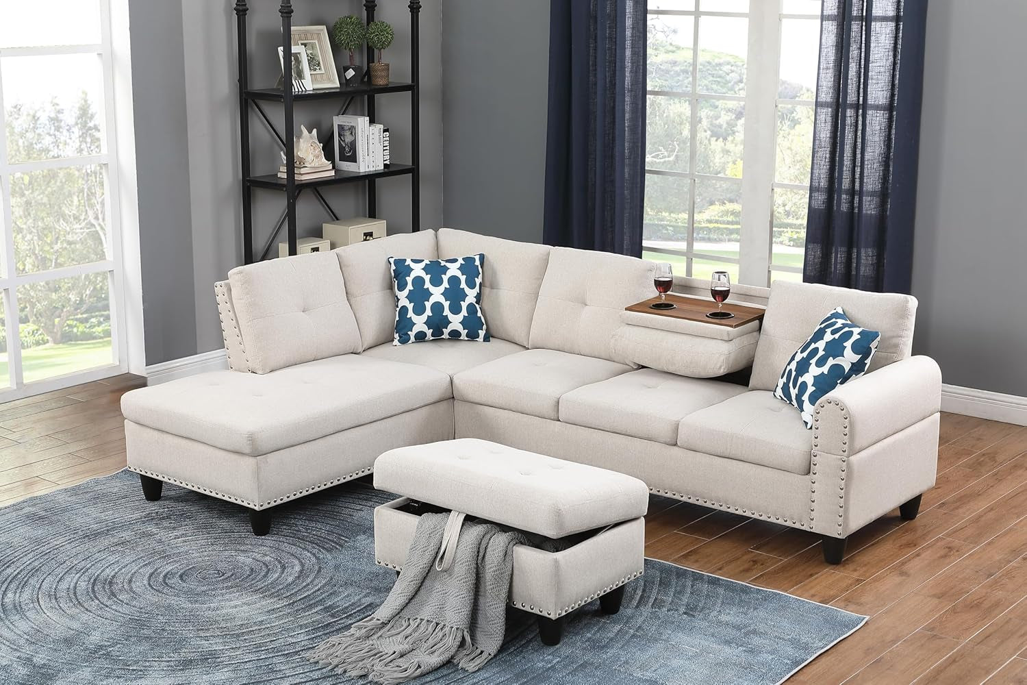 3 Piece Modular Sectional Couch Corner Sofa with Movable Ottoman and Left Hand Facing Chaise Lounge, Reversible Sofá W/Drop down Backrest & Cupholders for Living Room Furniture Sets-0