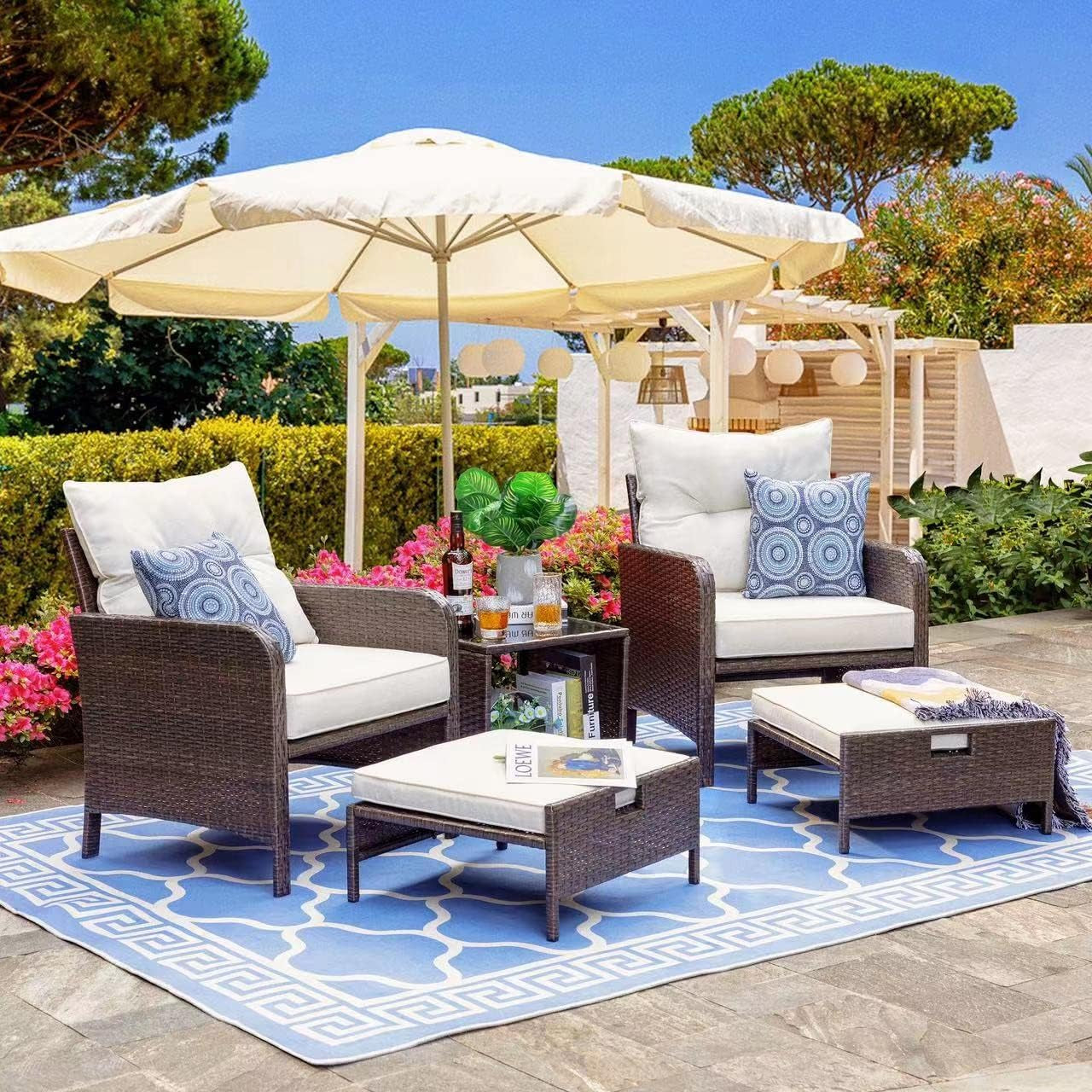 5 Pieces Outdoor Wicker Patio Furniture Set,All Weather PE Rattan Conversation Set with Cushioned Patio Lounge Chairs, Ottoman underneath Set, Table for Lawn, Pool, Balcony-0