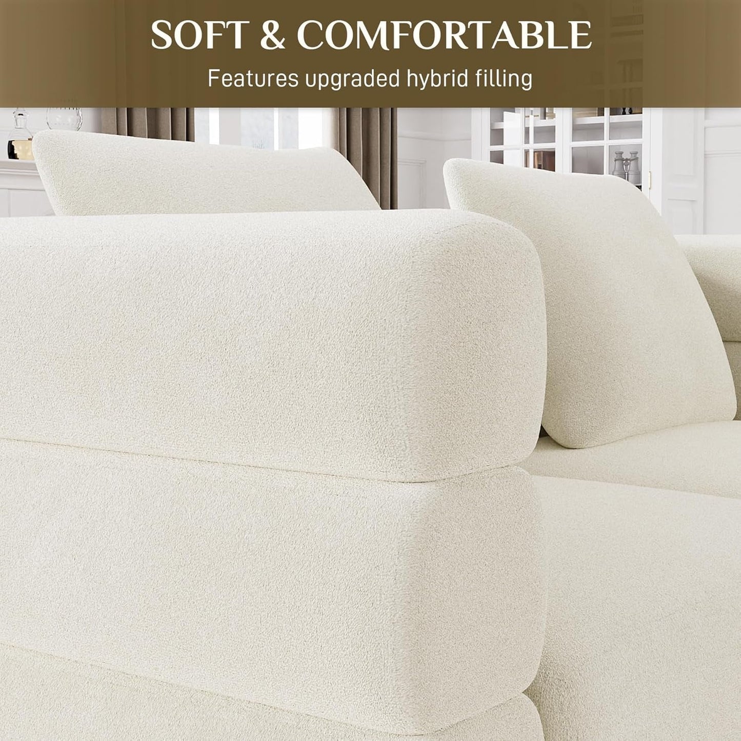 Living Room Sofa Couch and Loveseat Set, Modern Comfy Velvet Deep Seat Cloud Couch with 5 Pillows, Oversized Sofa Furniture Sets for Living Room Bedroom, Ivory White Velvet-4