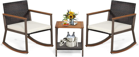 3 Pieces Rocking Bistro Set, Outdoor Rocker Chair with Coffee Table & Cushions, Patio Rattan Furniture Conversation Set for Balcony Porch Poolside (Off White)-0