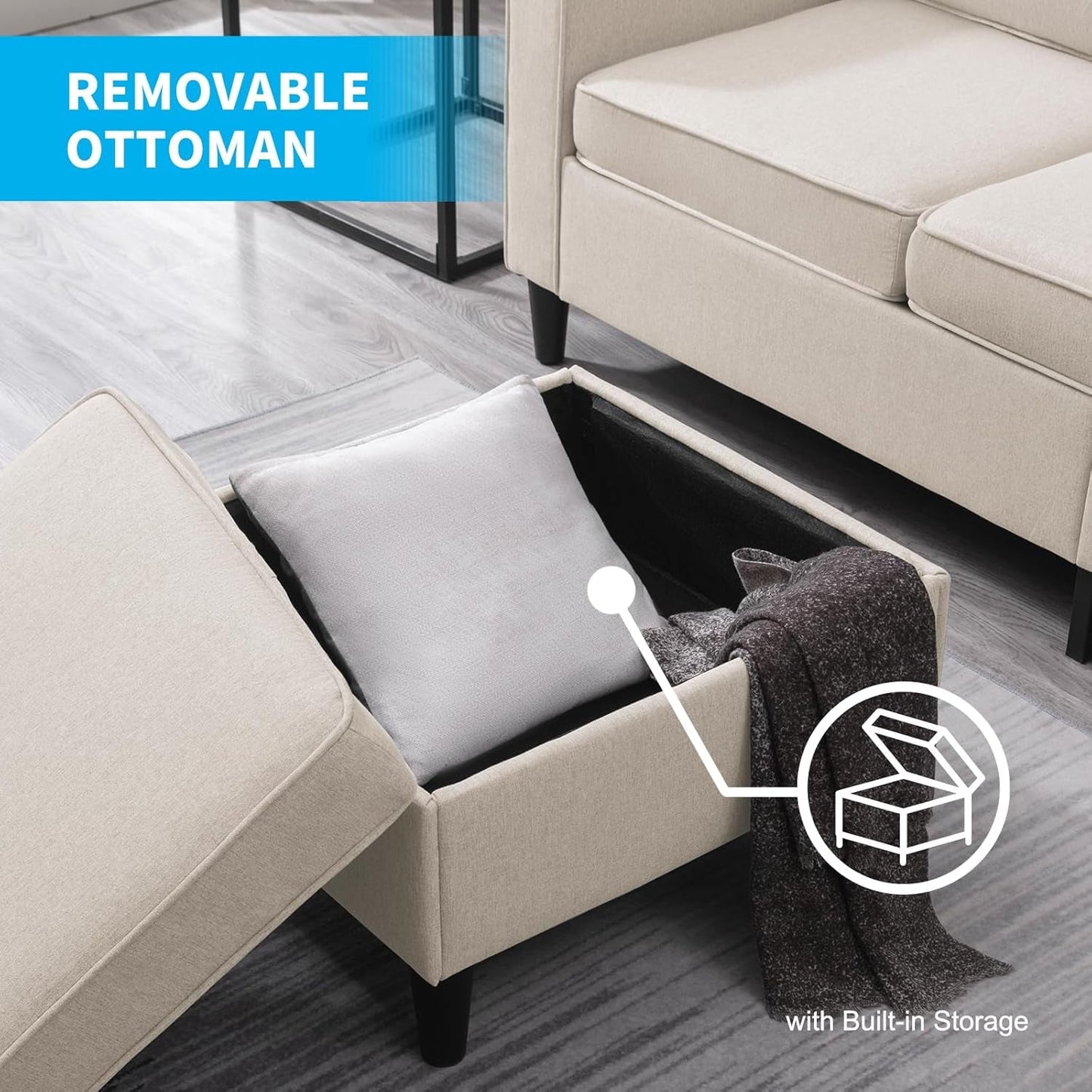 L Shaped Sectional Couch and Loveseat Sets, 2 Piece Living Room Sofa Set, Modern Linen 3 Seater Sofa with Storage Ottoman + 2-Seat Love Seat Furniture Sets for Apartment-3