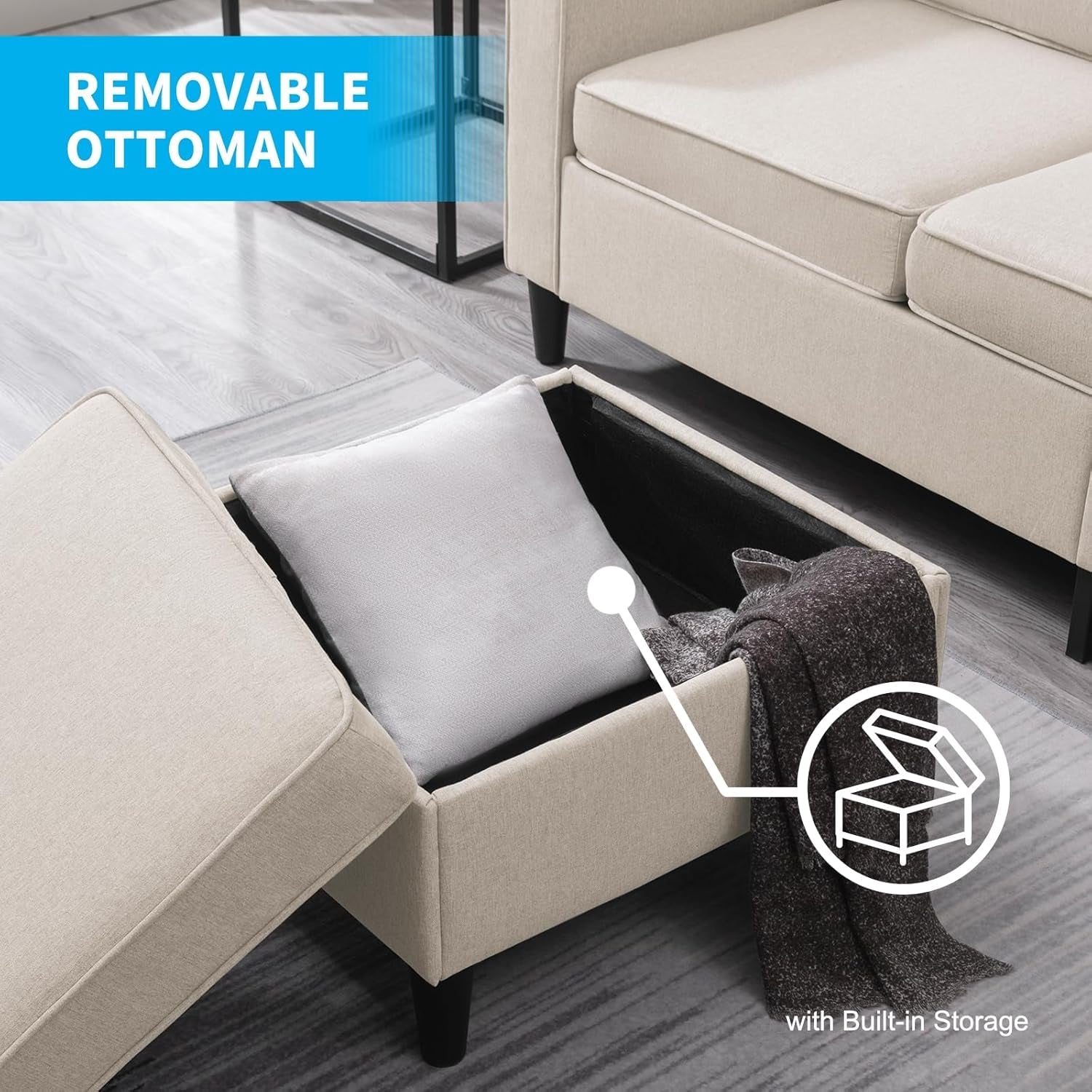 L Shaped Sectional Couch and Loveseat Sets, 2 Piece Living Room Sofa Set, Modern Linen 3 Seater Sofa with Storage Ottoman + 2-Seat Love Seat Furniture Sets for Apartment-3