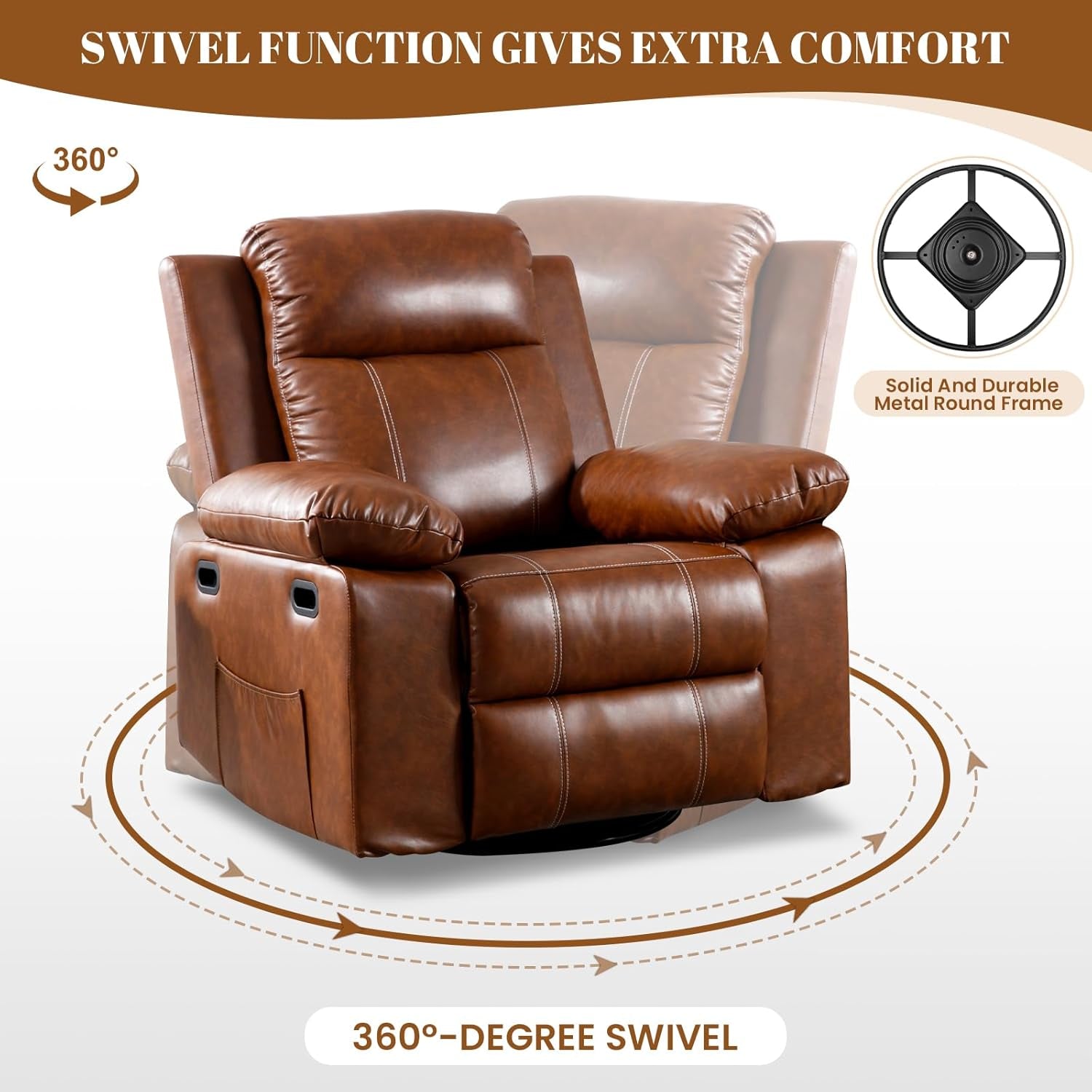 Recliner Chair with Massage and Heat, Modern Swivel Reclining Chair with Remote Control and Side Pocket, Adjustable Glider Rocker Recliner Chair for Living Room, Bedroom, Lounge, Brown-3