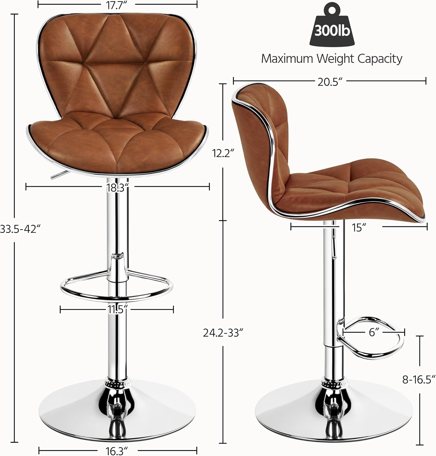 Bar Stools Set of 2, PU Leather Swivel Bar Stools with Shell Back, Armless Counter Height Adjustable Bar Chairs for Home Kitchen, Retro Brown-2