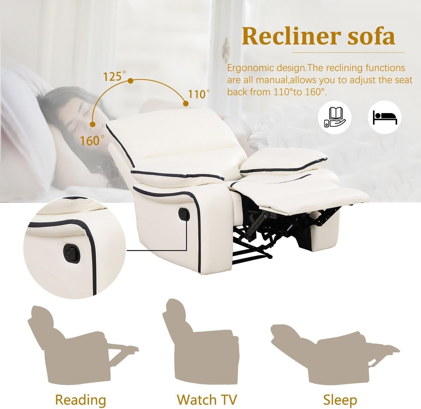 Leather Recliner Sofa Set, Bonded Leather Couch Set,Manual Couch Set for Living Room, Living Room Furniture Set with Storage Console for Living Room Office Home (Creamy White, Sofa+Loveseat+Chair)-2