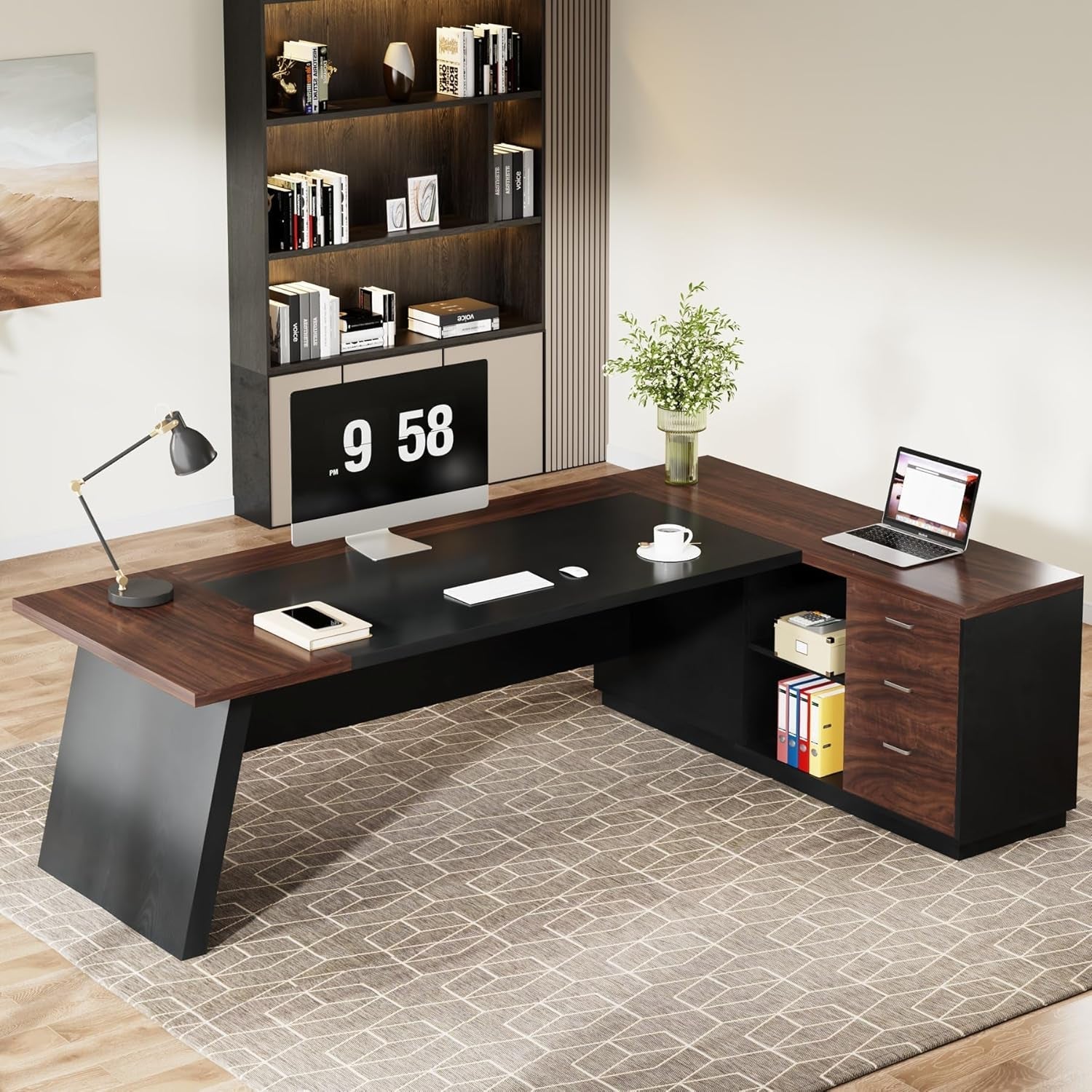 78" L-Shaped Executive Desk, Large Office Desk with Drawers and Lateral File Cabinet, Business Furniture with Storage Shelves, Modern Computer Desk for Home Office, Walnut & Black-3