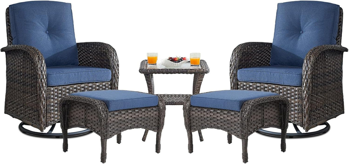 Small Conversation Sets Patio Funiture - 5 Piece Outdoor Swivel Rocker Wicker Furniture Sets with Ottomans Side Table Perfect for Patio Deck Backyard, Brown Wicker Blue Cushion-0