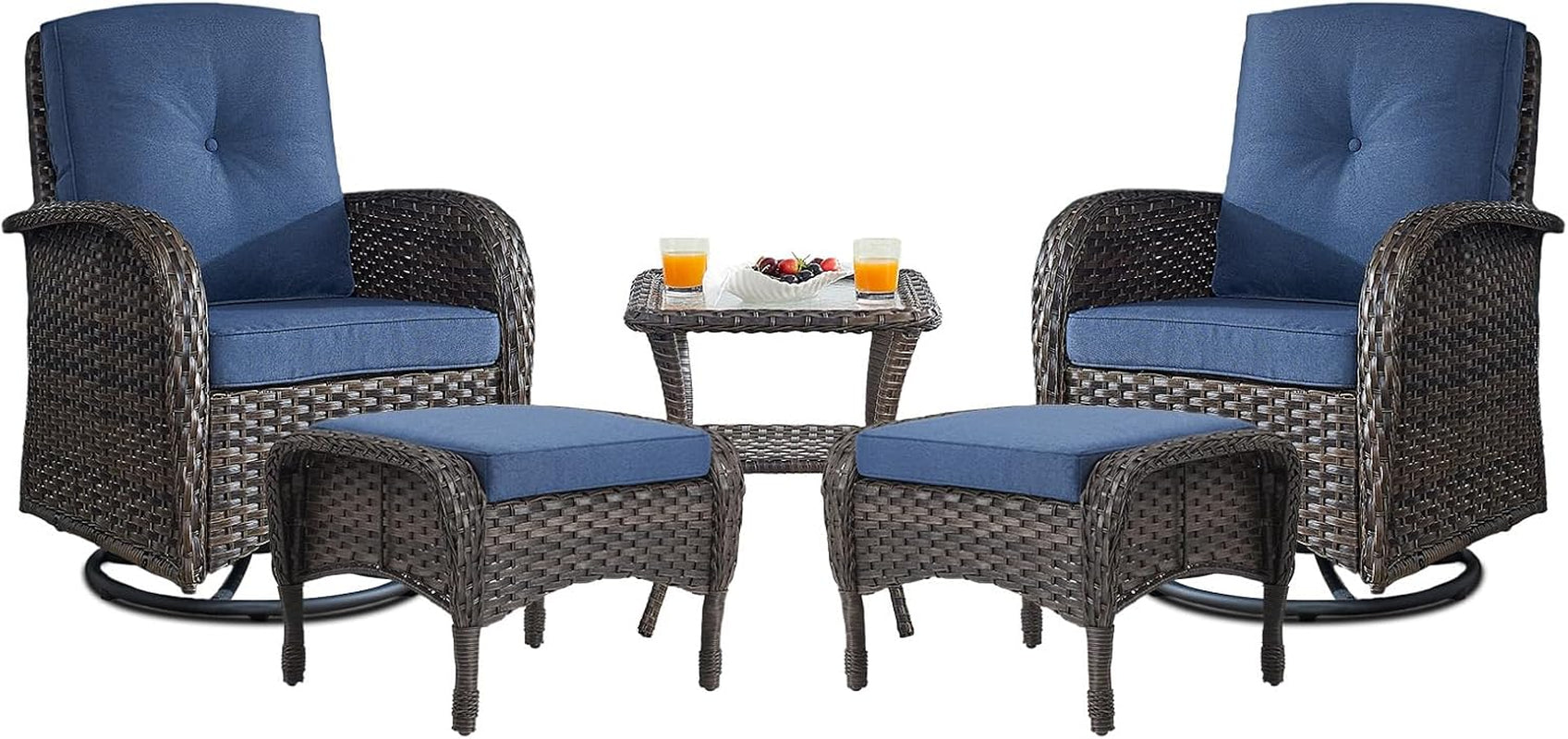 Small Conversation Sets Patio Funiture - 5 Piece Outdoor Swivel Rocker Wicker Furniture Sets with Ottomans Side Table Perfect for Patio Deck Backyard, Brown Wicker Blue Cushion-0
