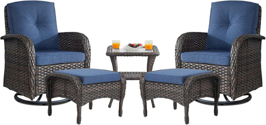 Small Conversation Sets Patio Funiture - 5 Piece Outdoor Swivel Rocker Wicker Furniture Sets with Ottomans Side Table Perfect for Patio Deck Backyard, Brown Wicker Blue Cushion-0