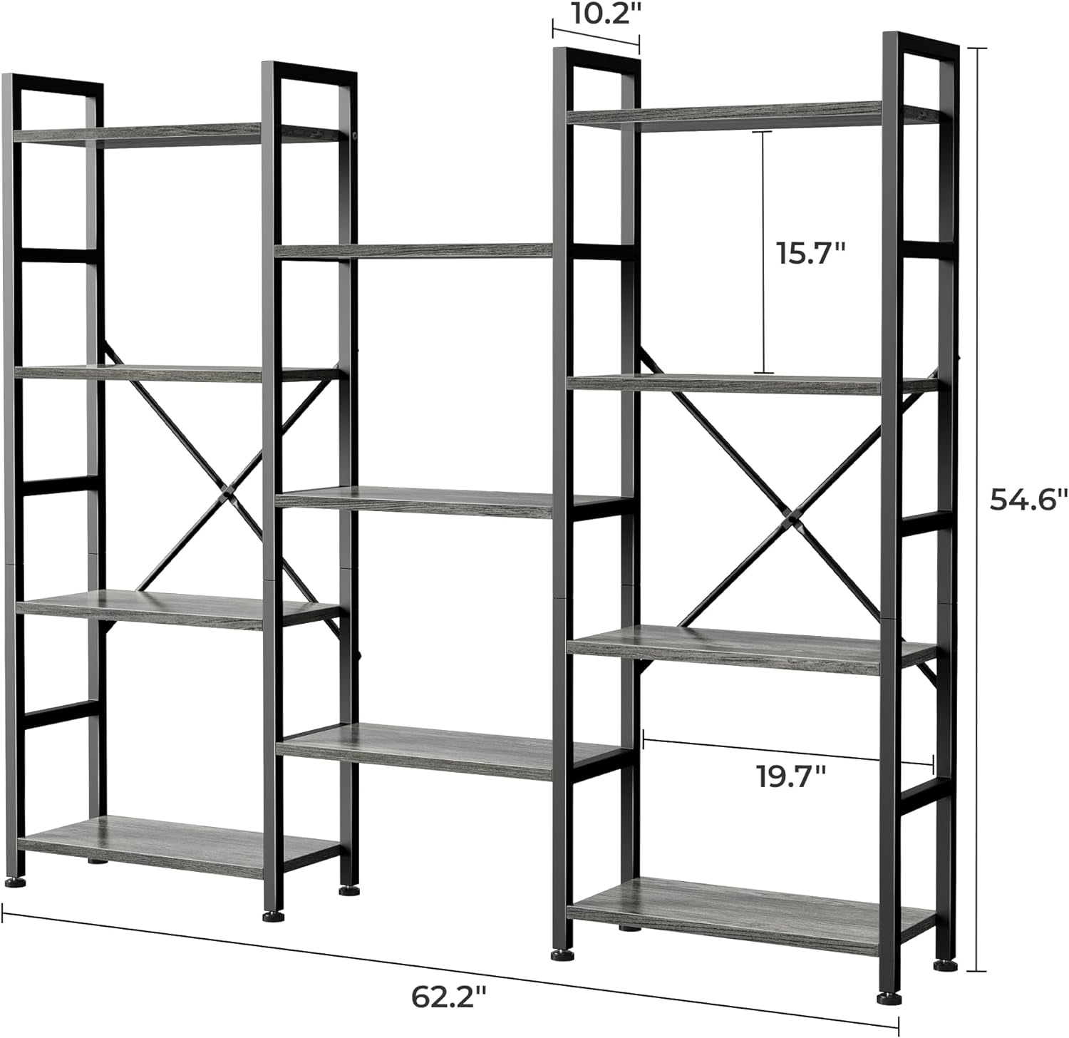 Triple 4 Tier Bookshelf, Bookcase with 11 Open Display Shelves, Wide Book Shelf Book Case for Home & Office, Grey-2