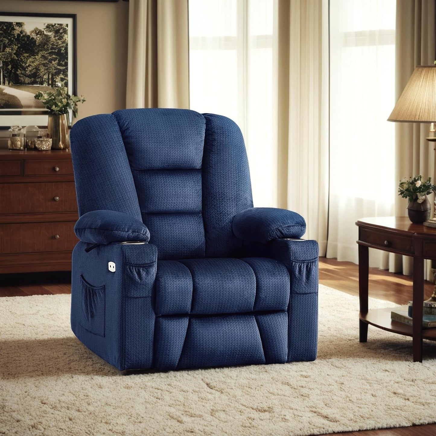 Power Lift Recliner Chair with Massage and Heat for Elderly People, Cup Holders, USB Ports, Side Pockets, Fabric 7529 (Medium, Navy Blue)-1
