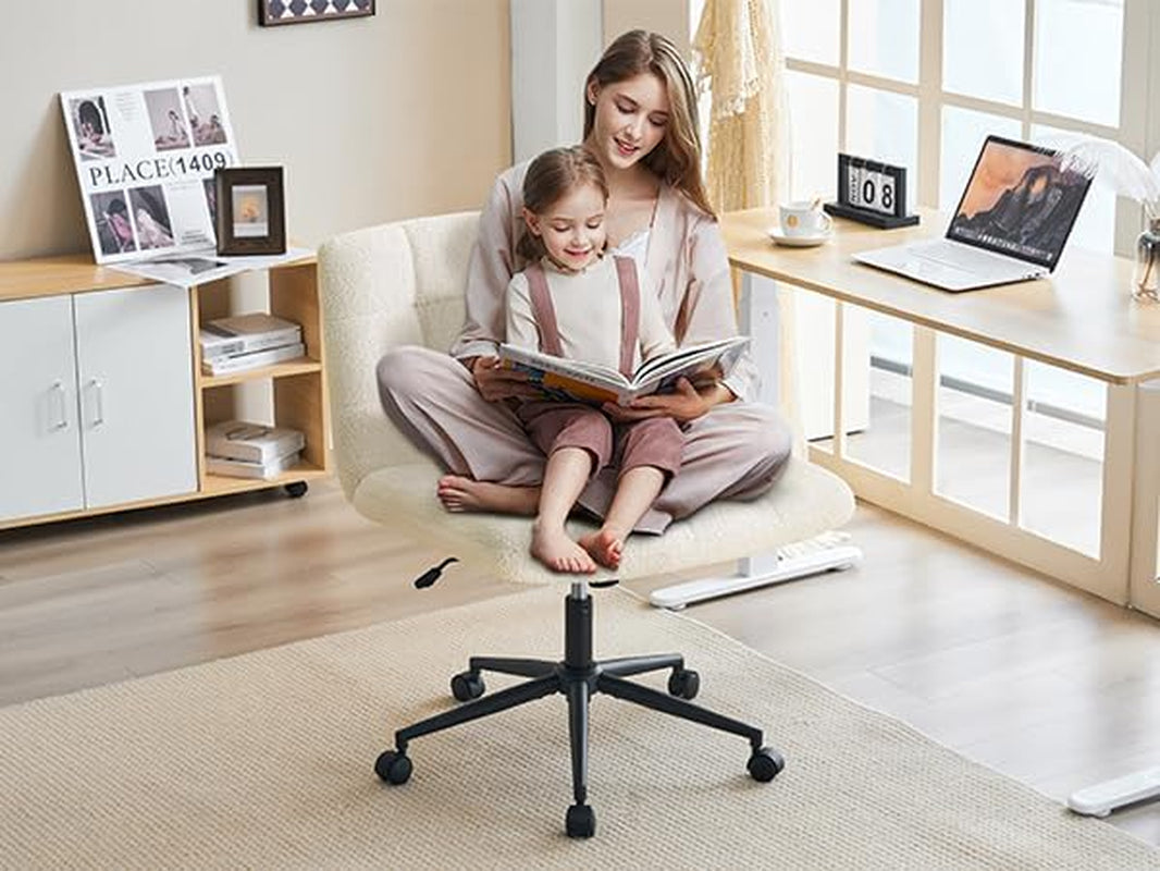 Swivel Criss Cross Legged Chair with Wheels for Home Office, Wide Armless Desk Chair Height Adjustable Comfy Seat for Desk,Vanity, Bedroom, Faux Fur White-3