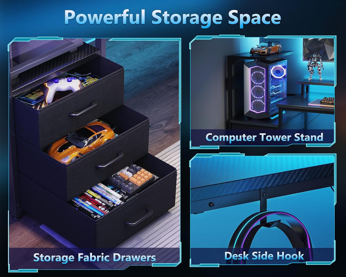 59 Inch Gaming Desk with USB Charging Ports & LED Light- Reversible Computer Desk with Storage Shelves & Monitor Stand, Modern Gamer Desk Table with Fabric Drawers & Side Hook, Carbon Fiber Black-4