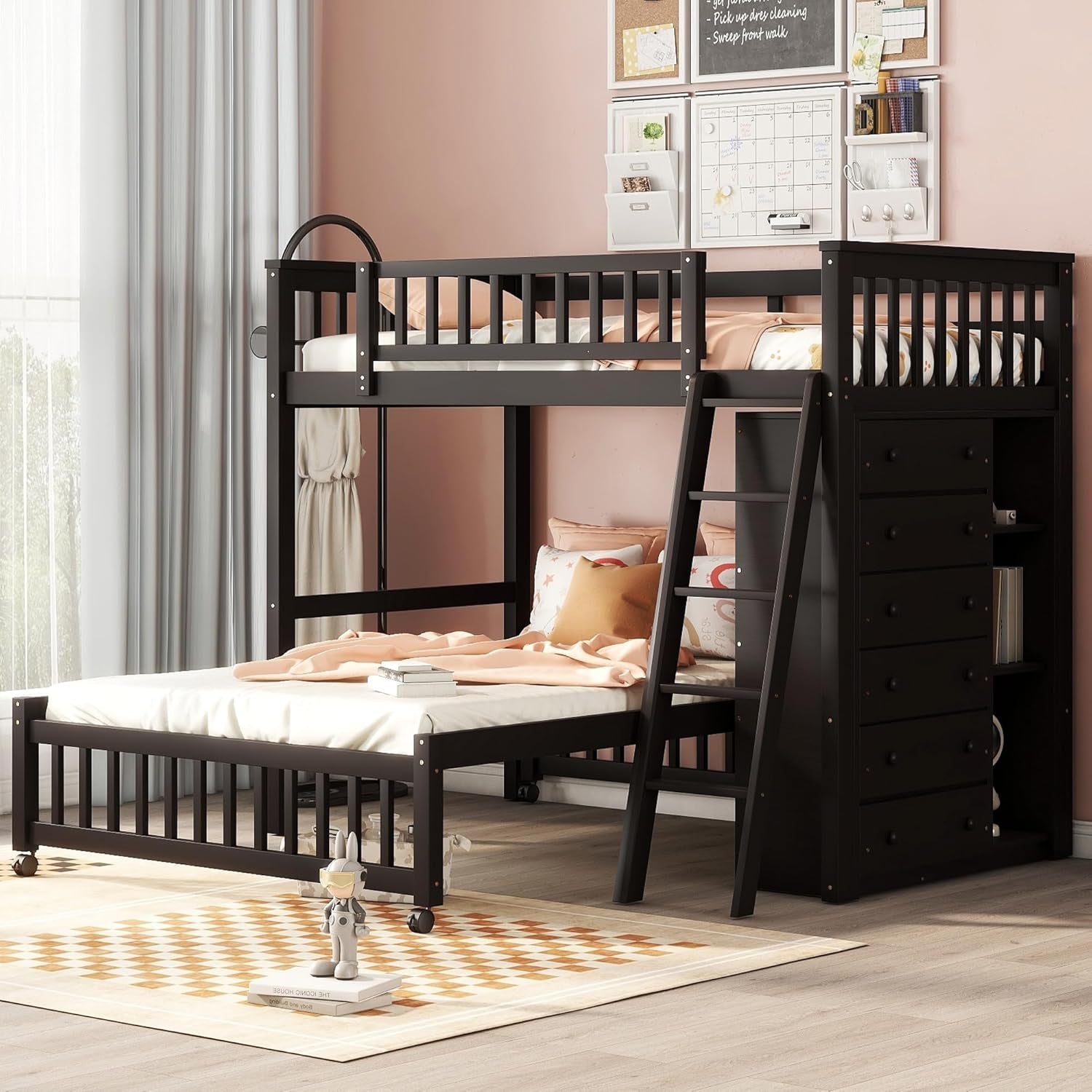 Twin over Full Bunk Beds with Six Drawers and Flexible Shelves,Wooden Bunk Beds with Storage and Removable Bottom Bed for Kids Girls Boys,No Box Spring Needed (Espresso)-0