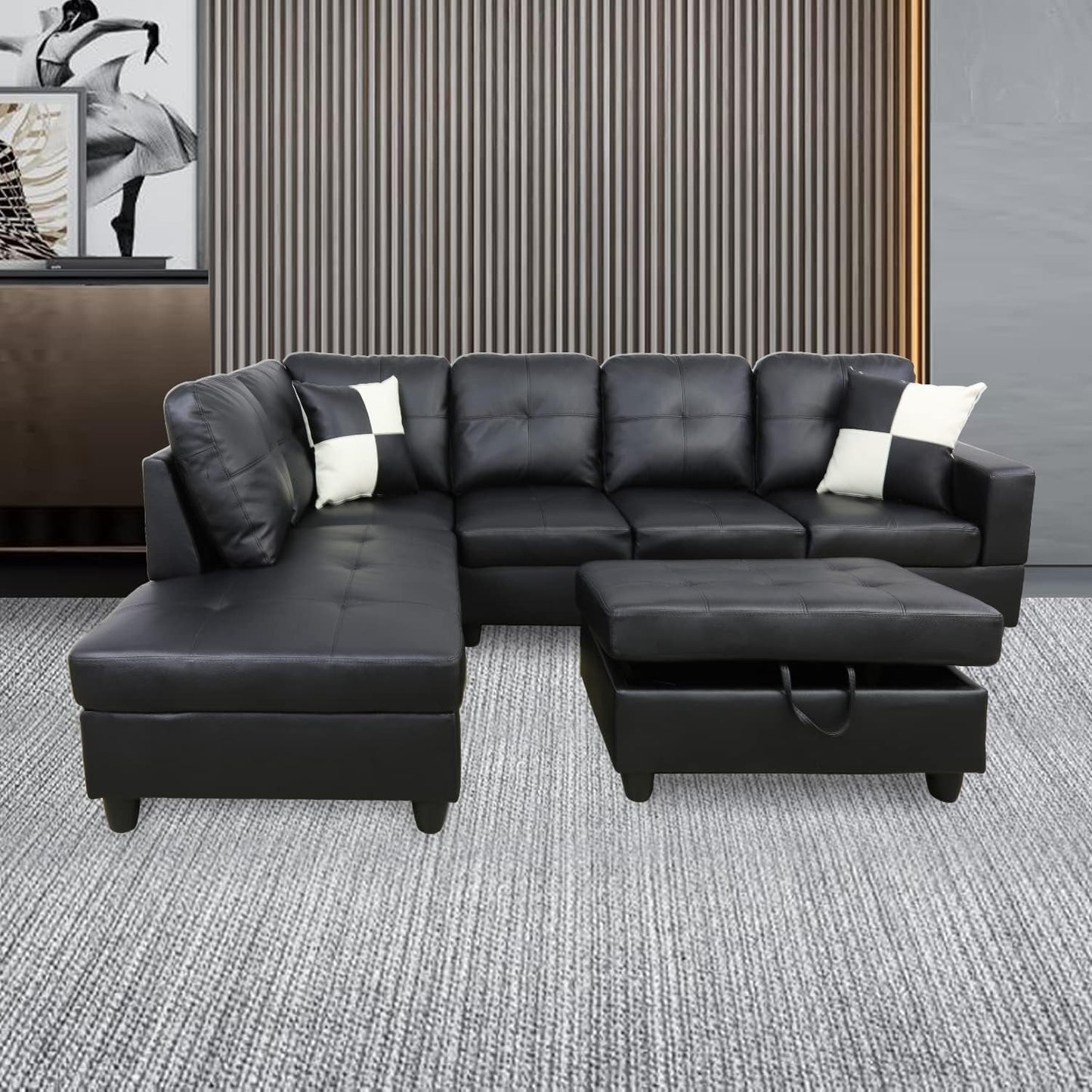 Ponliving Furniture Modern L-Shaped Leather Sectional Sofa Left Hand Facing (Black)-0