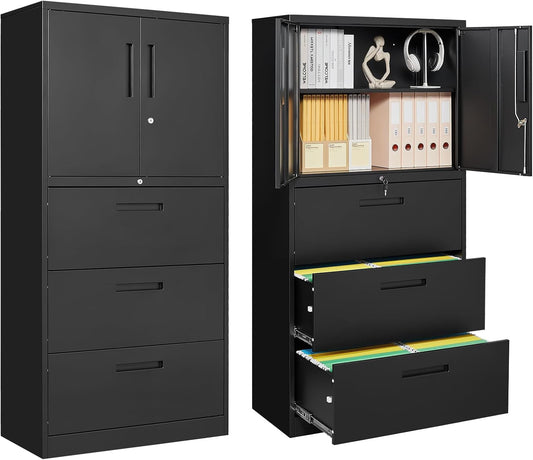 3-Drawer Metal File Cabinet, Lateral Vertical Filing Cabinets for Home Office, Locking File Cabinet with Storage Shelves, Legal/Letter/A4 Size Office File Cabinet,(Black, Assemble Required)-0