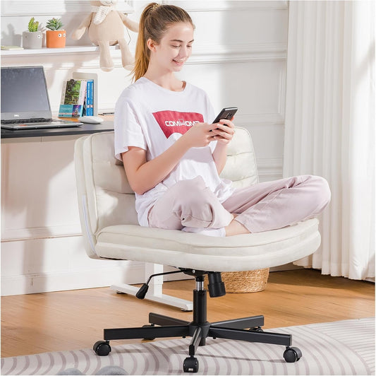 Criss Cross Chair with Wheels, Armless Wide Cross Legged Office Chair Mid Back, Modern Home Office Desk Chair Swivel Adjustable Vanity Computer Chair, Beige Velvet-0