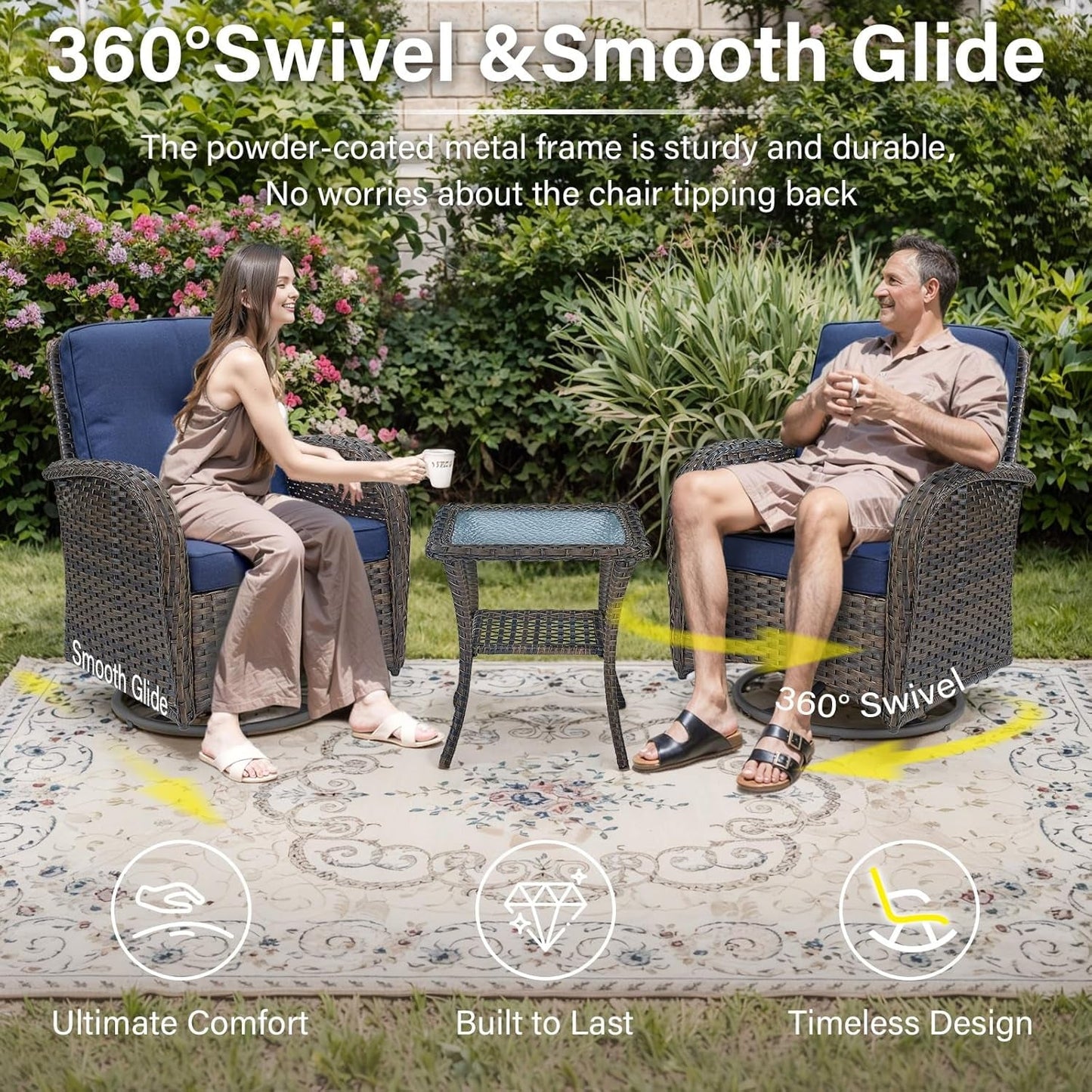 5 Piece Outdoor Patio Furniture Set with 50000 BTU Propane Fire Pit Table, Deep Seating Wicker Swivel Rocker Chairs and Loveseat Glider Patio Conversation Set for Deck Poolside Backyard Blue-1