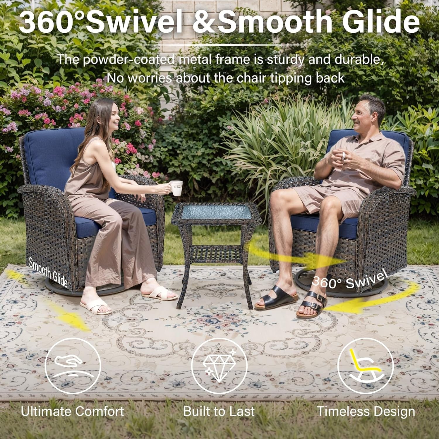 5 Piece Outdoor Patio Furniture Set with 50000 BTU Propane Fire Pit Table, Deep Seating Wicker Swivel Rocker Chairs and Loveseat Glider Patio Conversation Set for Deck Poolside Backyard Blue-1