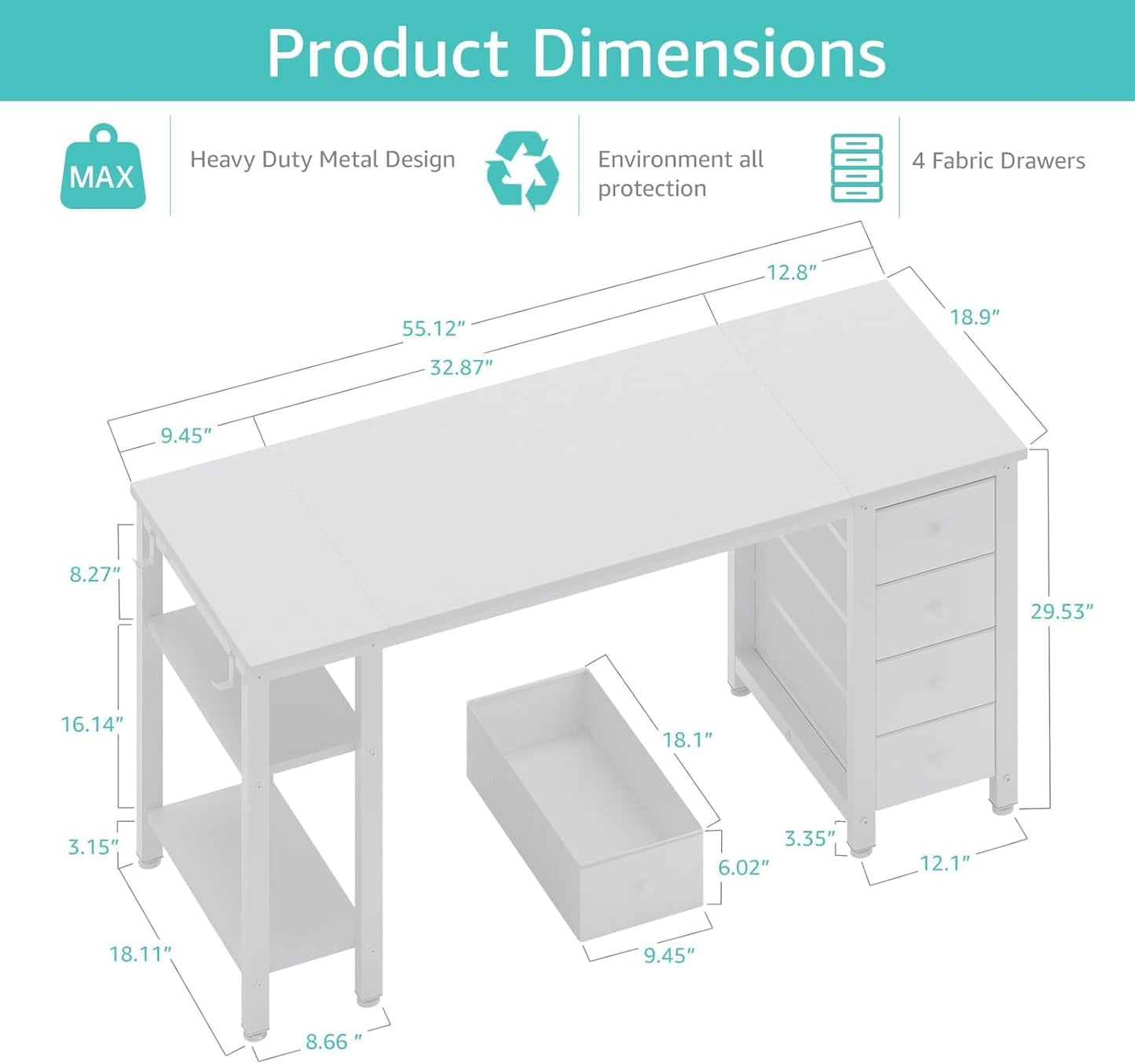 White Computer Desk with Fabric Drawers & Storage Shelves, 55 Inch Study Work Writing Desk for Home Office Bedroom, Simple Modern Cute PC Desks Table, White-2