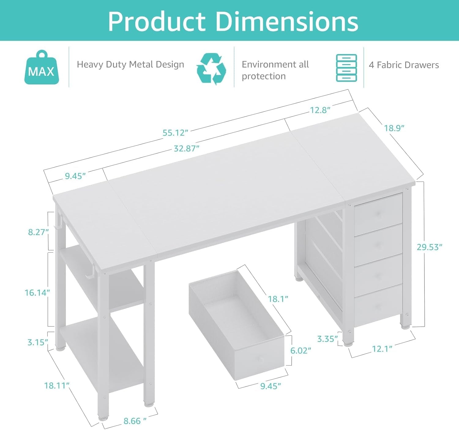 White Computer Desk with Fabric Drawers & Storage Shelves, 55 Inch Study Work Writing Desk for Home Office Bedroom, Simple Modern Cute PC Desks Table, White-2