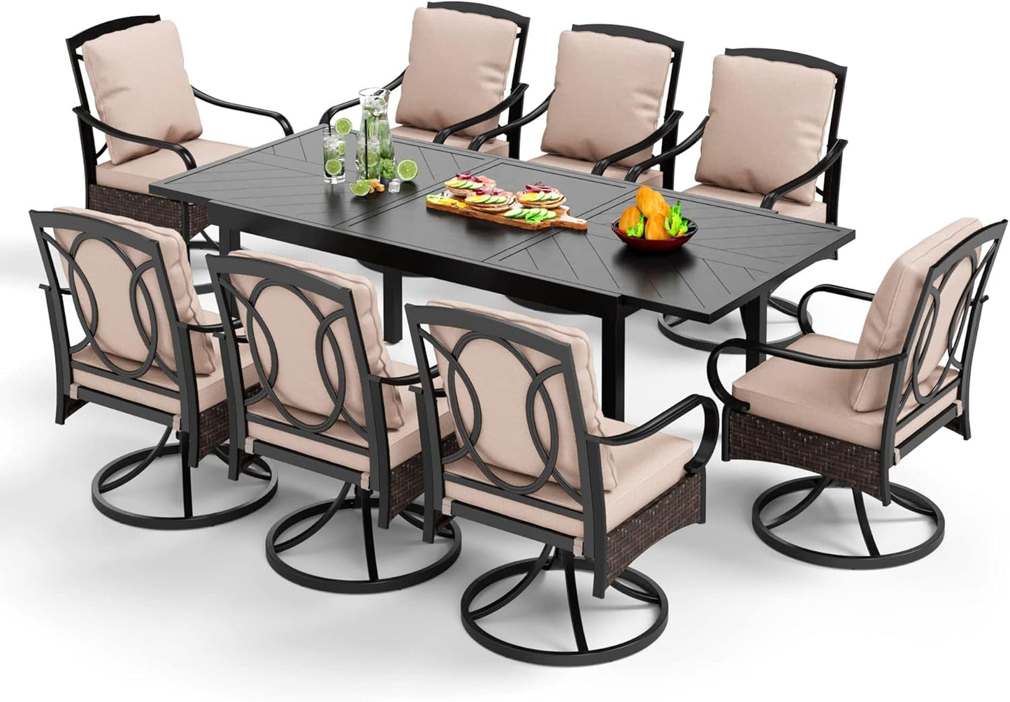 Heavy Duty 9-Piece Patio Dining Sets, Expandable Outdoor Table and Chairs Set for 8, 8 Extra Large Swivel Chairs, Rectangular Metal Dining Table for Deck, Backyard and Garden-0