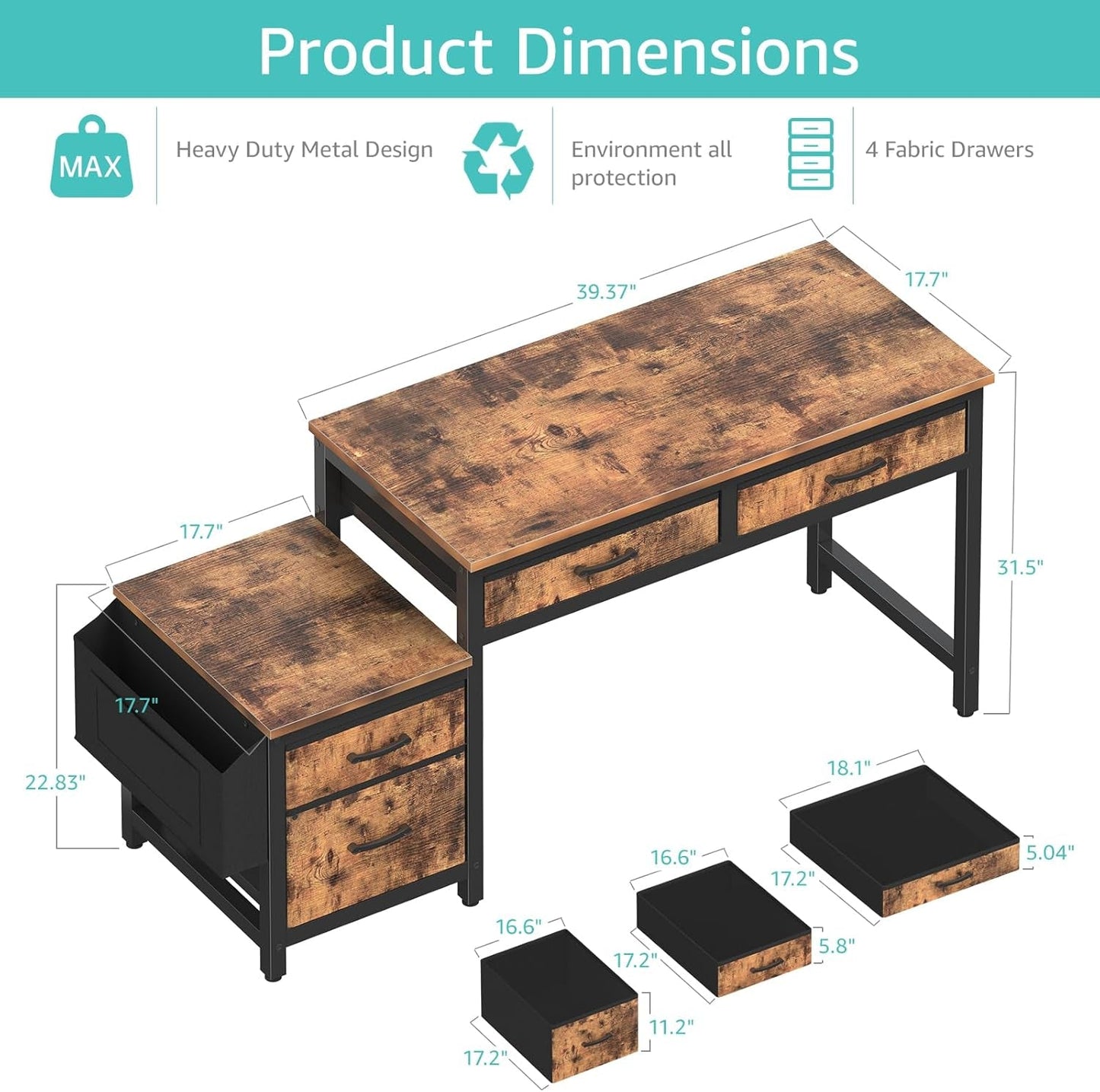 Computer Desk with Fabric File Drawers Cabinet, 57 Inch Home Office Desks with Filing Cabinet Printer Stand for Small Space, Study Writing Table PC Desks for Bedroom, Brown-2