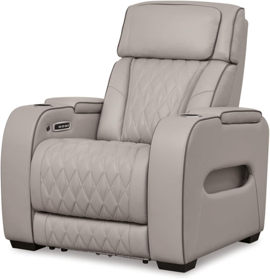 Boyington Contemporary Leather Match Power Recliner with Adjustable Headrest, Cup Holders, USB Port and Air Massage System, Light Gray-0