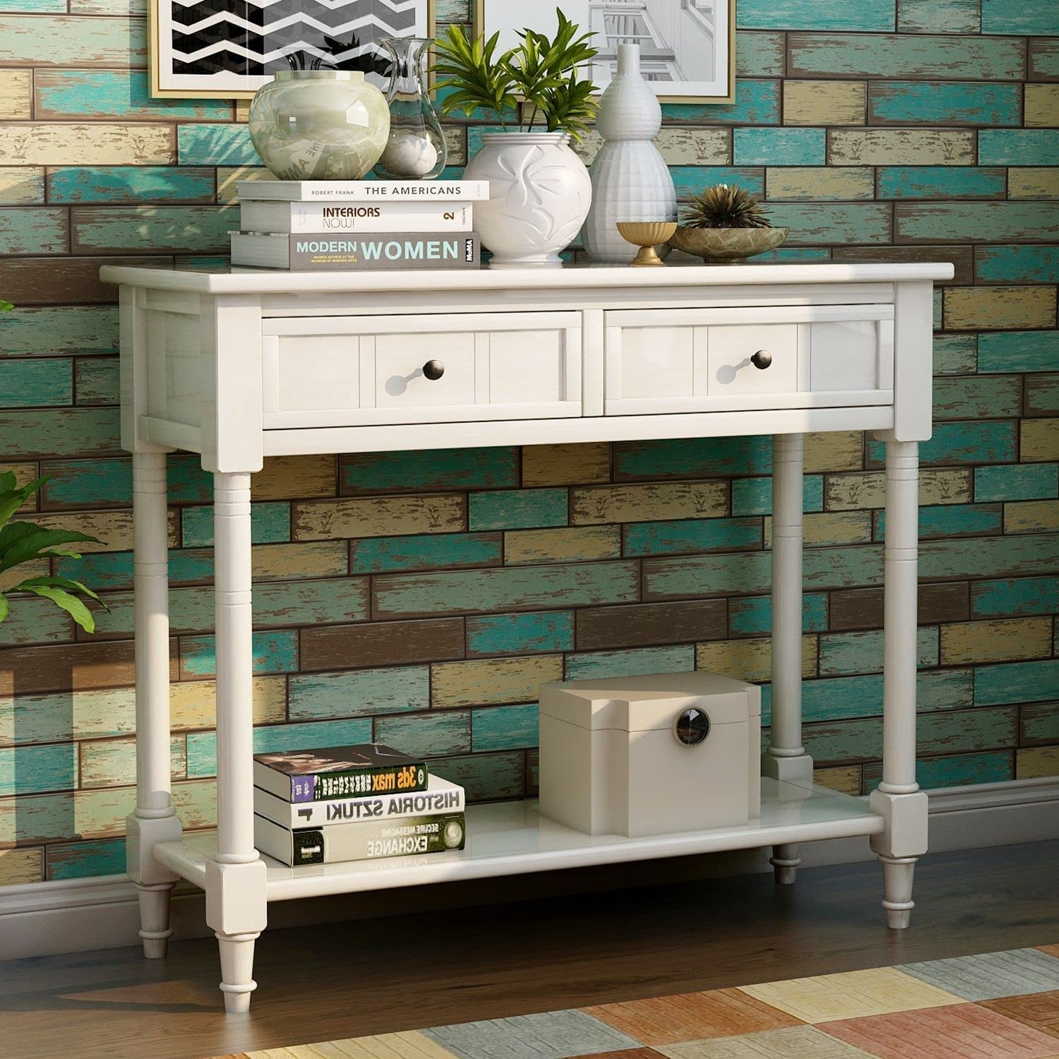 Rustic Ivory Console Table with Storage Drawers-0