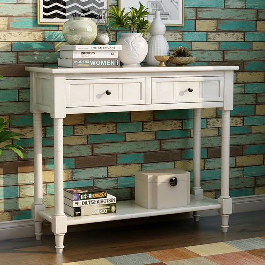 Rustic Ivory Console Table with Storage Drawers-0