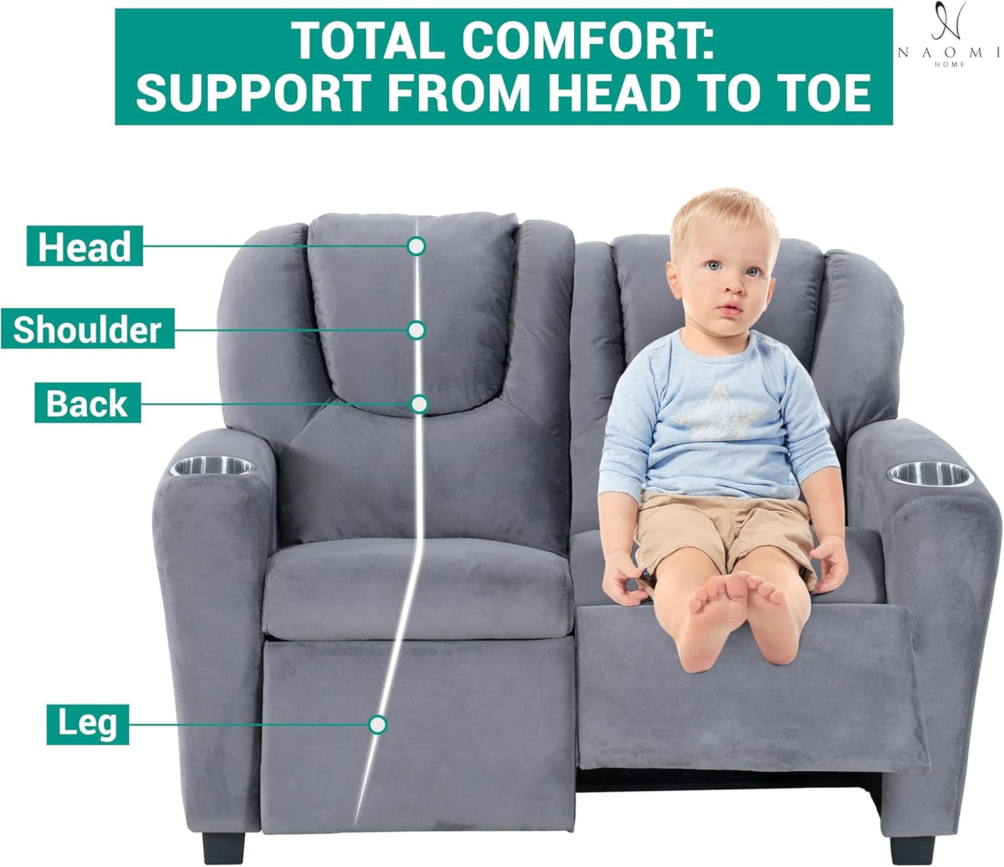 Suri Kids Recliner Loveseat – Spacious Toddler Recliner Chair Ages 3-5 with Cup Holders, Push-Back Function, and Adjustable Footrest - Gray-4