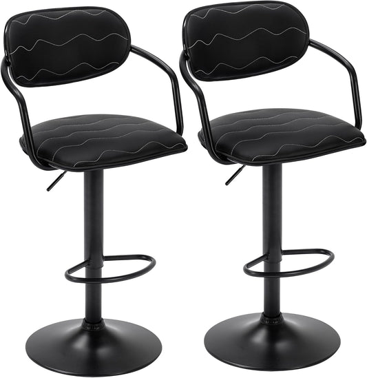 Bar Stools Set of 2, Adjustable Counter Height Barstools with Back and Arm, Swivel Bar Chairs/Pu Leather Kitchen Island Stools for Pub/Dining Room/Living Room, Black-0