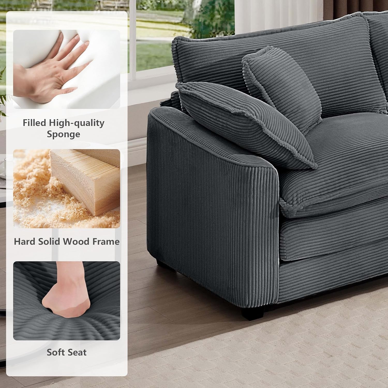 Oversized 2 Piece Sofa Set for Living Room, 3-Seater & Loveseat Couch, Modular Sectional Deep Seat Corduroy Comfy Cloud Couches with 4 Armrest Pillows and 5 Toss Pillows, Grey-4