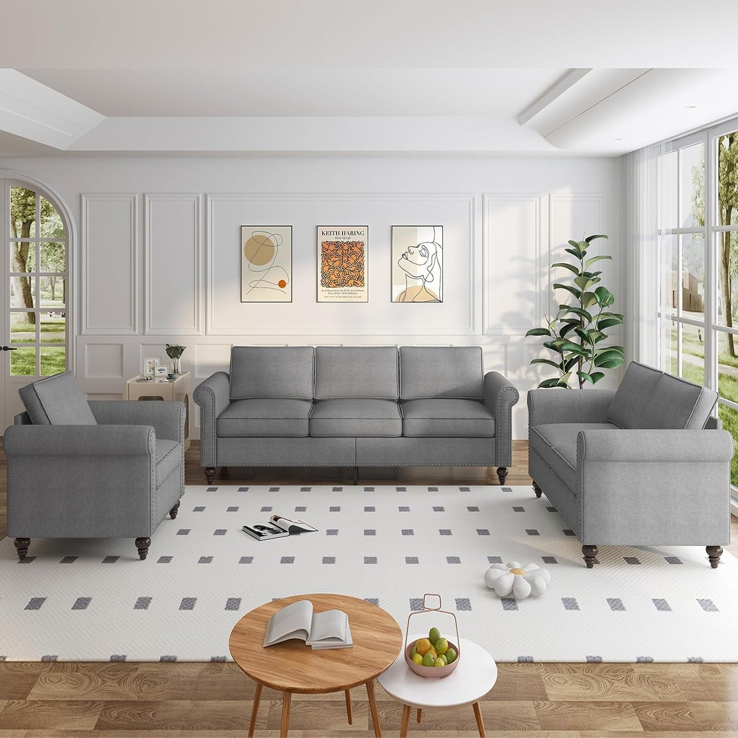 Living Room Couch Set, Small Sectional Sofa Couch, Includ Loveseat Armchair and 3 Seat Sofa, Mid-Century Riveted Accent Couches for Living Room, Wood Small Space Furniture Sets - Light Grey-3