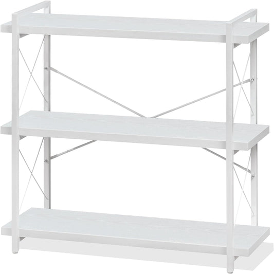 Bookshelf, 3-Tier Industrial Bookcase, White Open Book Shelf, Freestanding Horizontal Bookshelves with Metal Frame-0