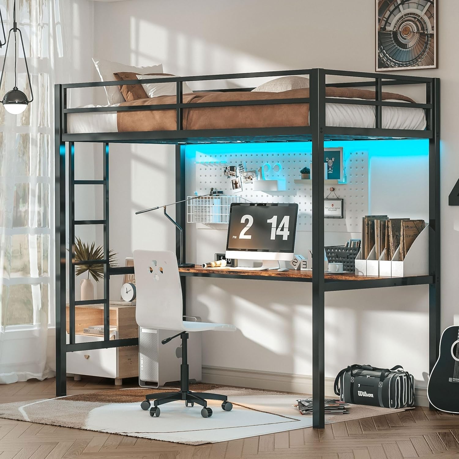 Loft Bed Twin Size with Desk, Metal Loft Bed Frame with Power Outlet and LED Lighted, Space-Saving, Noise Free, Black-0