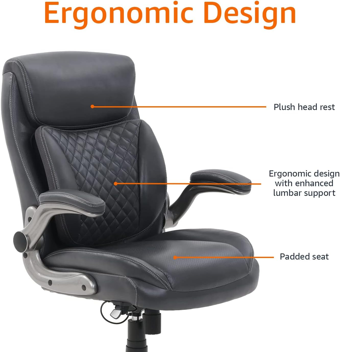 Ergonomic Desk Office Chair, Flip-Up Armrests, Adjustable Height, Grey Leather-3